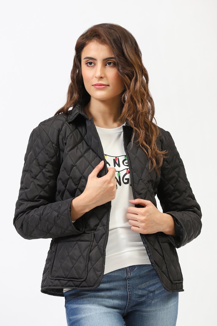 Black Puffer Jacket With Flap Pockets